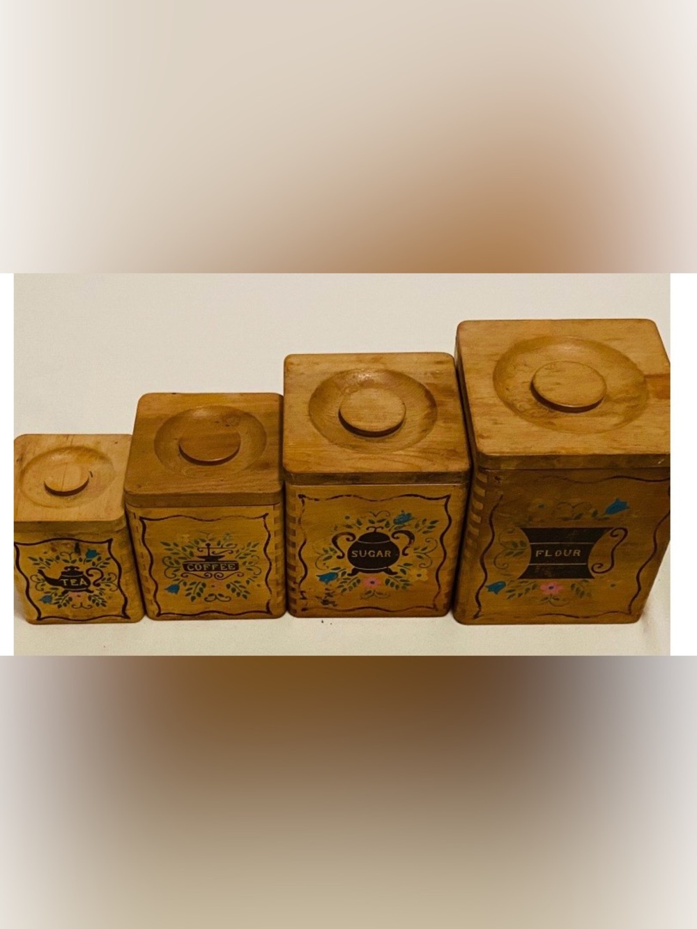 Vintage Wooden Dovetail Canister Set-Tea, Coffee, Sugar, Flour. Used.